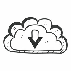 Simple hand drawn sketch of a cloud icon with a downward arrow indicating a download symbol on a white background
