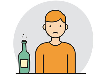 A young man looks regretful next to a bottle of wine. Simple, graphic illustration promoting 'No Drink Safety'. Clean, modern design.