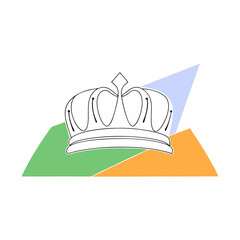 Stylized outline of a royal crown resting on abstract geometric shapes in green orange and blue colors