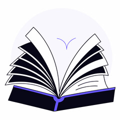 Stylized open book with pages fluttering and a subtle purple bird silhouette symbolizing knowledge and imagination taking flight