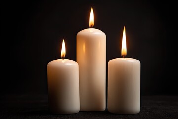 Three white candles burning brightly against a black background