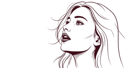 Charming woman portrait isolated on white background, looking up with a thoughtful expression, highlighting her flowing hair and refined features in a simple design