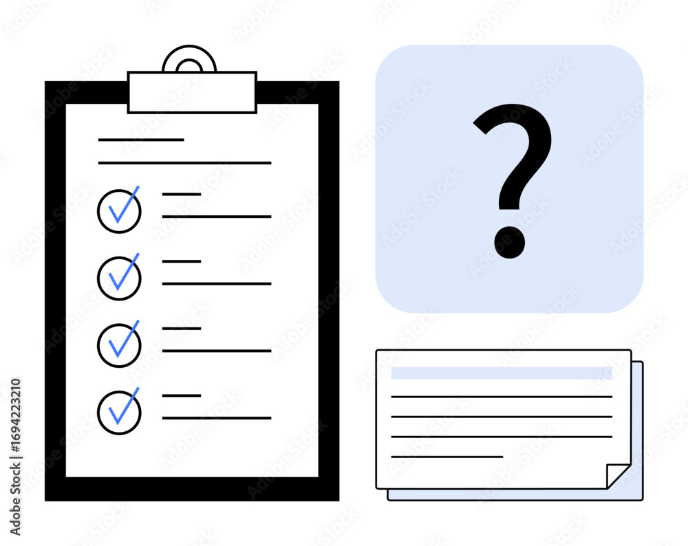 Poster checklist featuring completed tasks, large question mark symbol, and stack of index cards for though