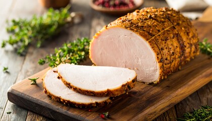 Delicious savory smoked turkey breast with fresh herbs ready to serve