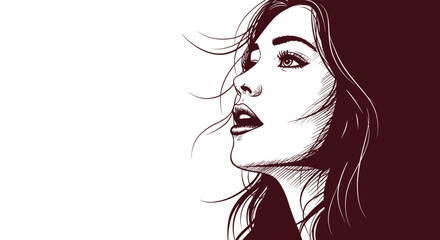 Charming woman portrait isolated on white background, looking up with a thoughtful expression, highlighting her flowing hair and refined features in a simple design