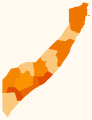Map of Somalia with regions. Just a simple country border map with region division. Orange color palette. Blank Somalia shape with administrative division. Vector illustration.