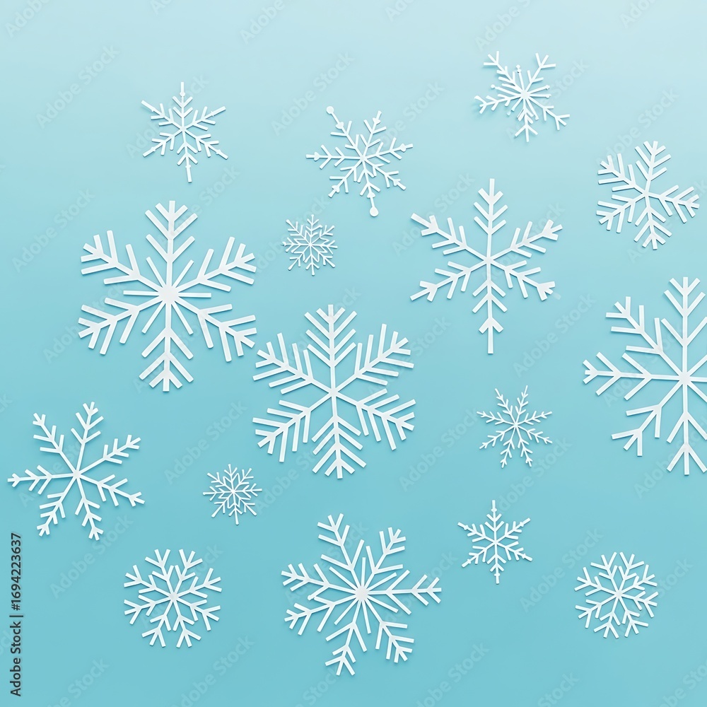 Poster a light blue background is adorned with various intricate white snowflakes, creating a festive and w