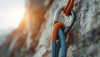 Close-up rock climbing gear on a mountain face