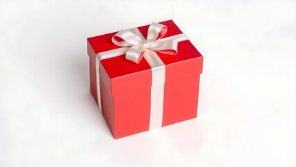 Obraz premium Red gift box with white ribbon and bow, centered product shot on clean background.