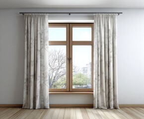 A room with light beige curtains, a light wood window frame, and a view of a light-colored tree outside.