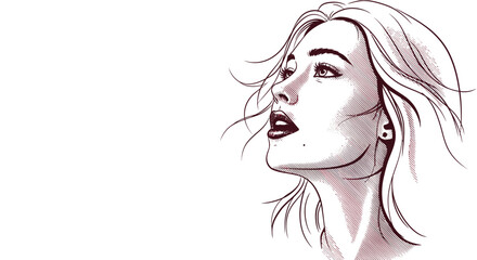 Charming woman portrait isolated on white background, looking up with a thoughtful expression, highlighting her flowing hair and refined features in a simple design