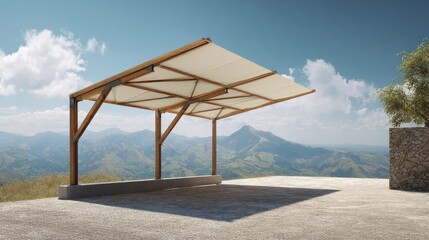 Minimalist outdoor structure with wood beam canopy, functional sunshade blending with nature, elegant design under sunny cloudless sky