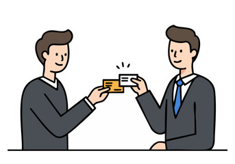 Fototapeta premium Two professionals exchange business cards, symbolizing connection and networking. Clean, modern illustration with a focus on collaboration and business relationships.