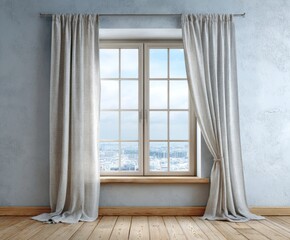 Fototapeta premium Light-filled room with a large window, draped in light beige curtains, showcasing a tranquil cityscape view.