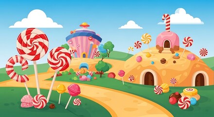 Fototapeta premium Whimsical candy land landscape with colorful sweets and cartoon houses