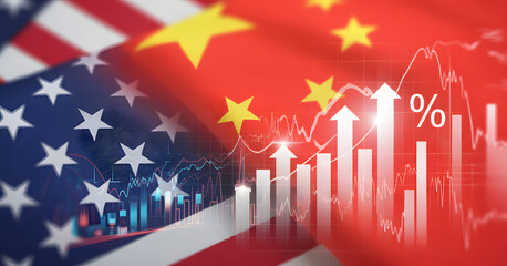 Global Market Dynamics: United States flag intertwined with the China flag, symbolizing the complex relationship of two country with economic growth, financial market and rising graph.