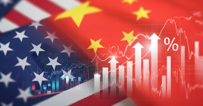 Global Market Dynamics: United States flag intertwined with the China flag, symbolizing the complex relationship of two country with economic growth, financial market and rising graph.