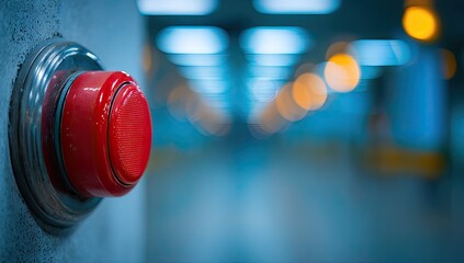 Close-up of a red emergency button on a concrete wall, blurred background