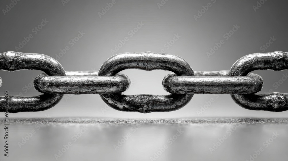 Aufkleber close-up view of an old metallic chain in grayscale showcasing interconnected links and textures