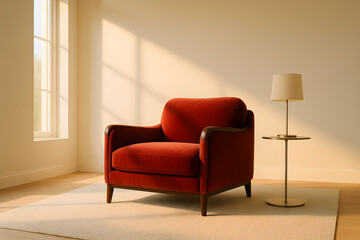 Cozy Interior with Red Armchair and Warm Sunlight from Window