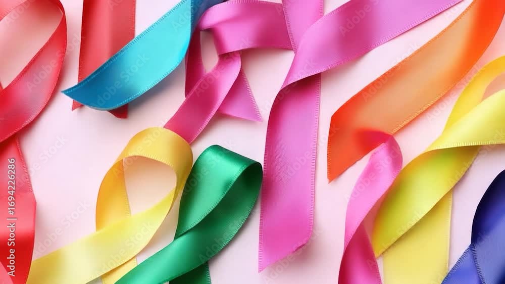 Poster a collection of brightly colored ribbons in close-up, suitable for use as a decorative element or a 