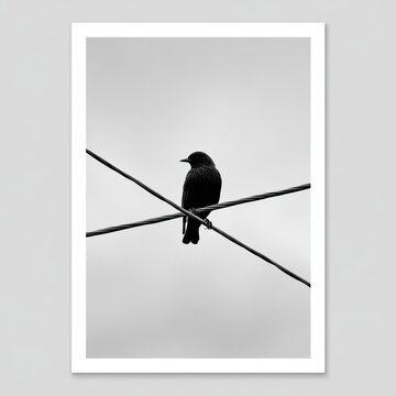 A blackbird perched on crossed wires against a muted gray sky