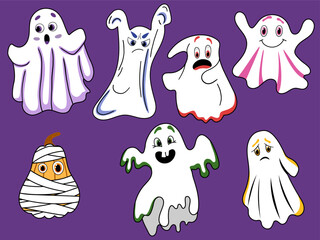 Cute halloween ghost with different emotions and pumpkin. Vector illustration on violet background. 