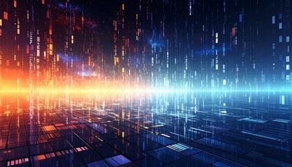 Digital cityscape with cascading code