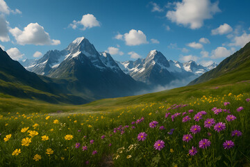 Fototapeta premium Alpine Wildflower Meadow with Snow-Capped Peaks and Misty Mountains