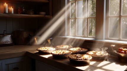 Freshly baked pies cooling on a rustic kitchen counter in warm afternoon sunlight