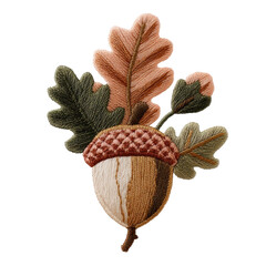 Hand-embroidered autumn acorn with oak leaves on black background
