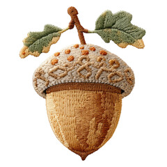 Embroidered ornate acorn with patterned cap and oak leaves