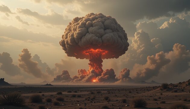 Dramatic mushroom cloud over desolate landscape evokes tension, ideal for war, conflict, or dystopian themes