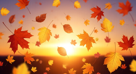 Serene autumn scene with colorful leaves falling gracefully against a radiant sunset horizon