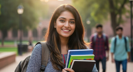 young indian female student holding books standing in college campus