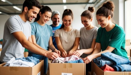 Cheerful volunteers in neutral t‑shirts sorting donated clothes in cardboard boxes under bright indoor light. Perfect for charity campaigns, community outreach, and International Volunteer Day visuals