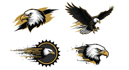 Four majestic eagle illustrations showcasing the birds head and full body in dynamic poses, with a blend of traditional and modern design elements