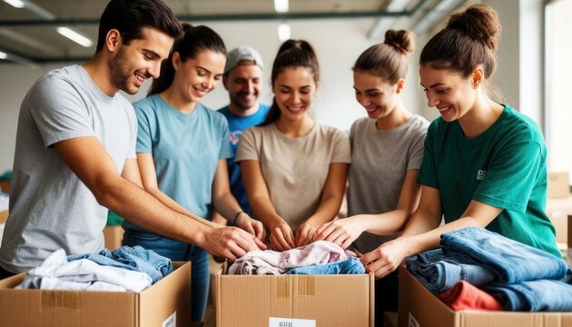 Cheerful volunteers in neutral t‑shirts sorting donated clothes in cardboard boxes under bright indoor light. Perfect for charity campaigns, community outreach, and International Volunteer Day visuals