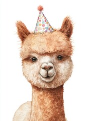Watercolor illustration of a cheerful alpaca wearing a colorful party hat at a cozy petting farm event