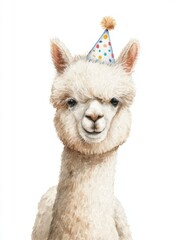 Watercolor illustration of a festive fluffy alpaca wearing colorful party hat on soft neutral white background