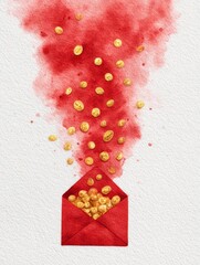 Watercolor depiction of festive red envelopes raining gold coins for Chinese Spring Festival celebration on white background