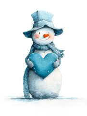 Watercolor illustration of a smiling snowman holding a heart for kindness day celebration on a white background