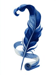Watercolor Quill Feather and Ink Writing on Parchment Scroll with Navy Ink on White Background for Press Freedom