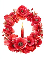 Delicate red poppy wreath encircling softly lit memorial candle on white background