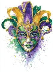 Exuberant watercolor carnival masquerade mask with sparkling purple green and gold feathers