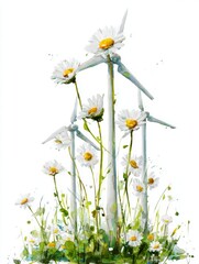 Fresh Spring Green Energy with Wind Turbines Sprouting White Daisies on White Background