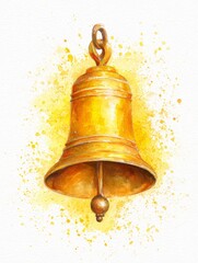 Festive watercolor golden school bell ringing at last day of classes with bright yellow sunshine background