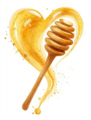 Golden honey dipper swirling honey into heart shape with warm amber watercolor wash