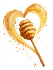 Golden honey dipper swirling thick amber honey into heart shaped pool over white watercolor wash background