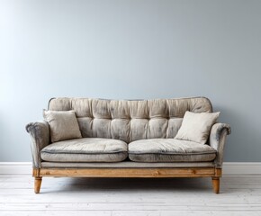 Fototapeta premium A light gray couch with light beige cushions sits in front of a light gray wall in a simple room.